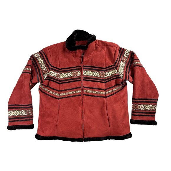 Coldwater Creek Jacket Womens 1X Red Black Embroidered Suede Lined Boho Navajo - Picture 1 of 16